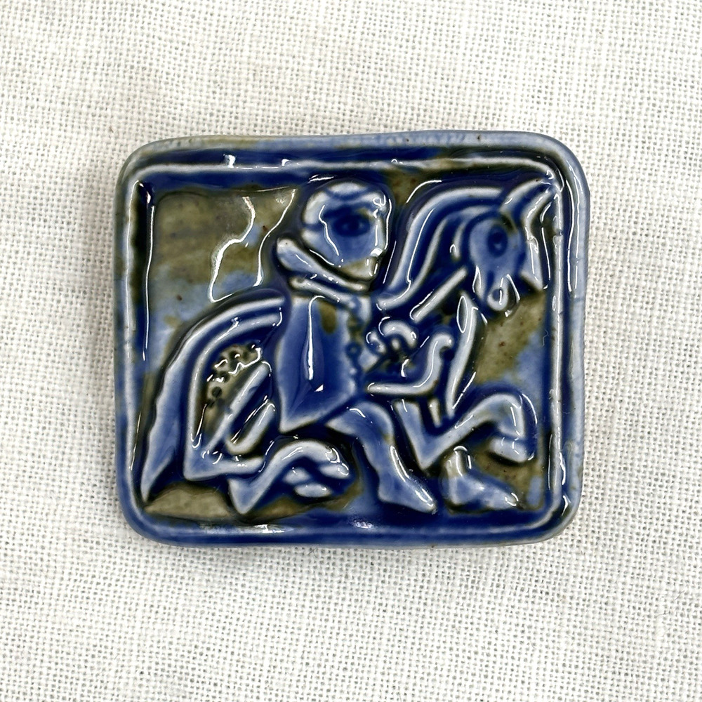 Studio Pottery Ceramic Brooch Medieval Knight Horse Relief Tile Pin Handmade